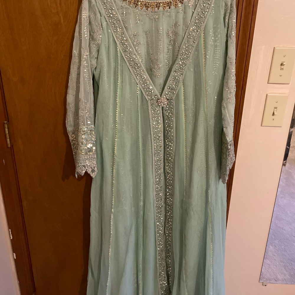 Pakistani brand Mona Embroidery 3 pc suit blue green Formal Dress with Beads